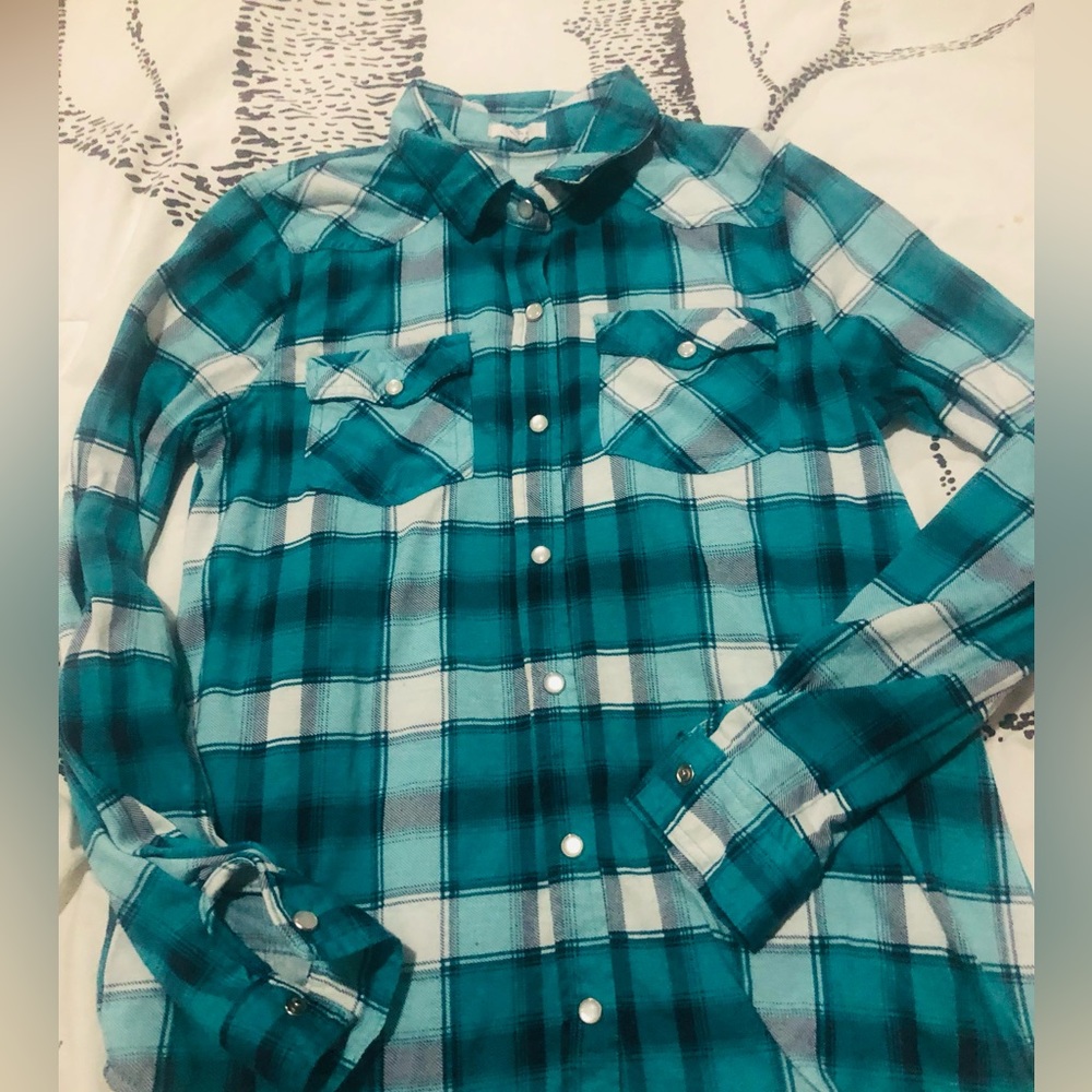 Teal & White Plaid | Button Down Shirt | XS